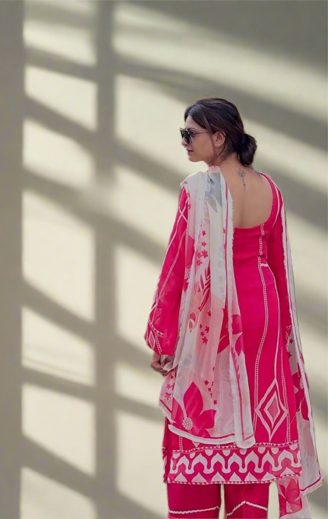 Hot Pink Geometric Print Punjabi Suit – Bold & Elegant Look