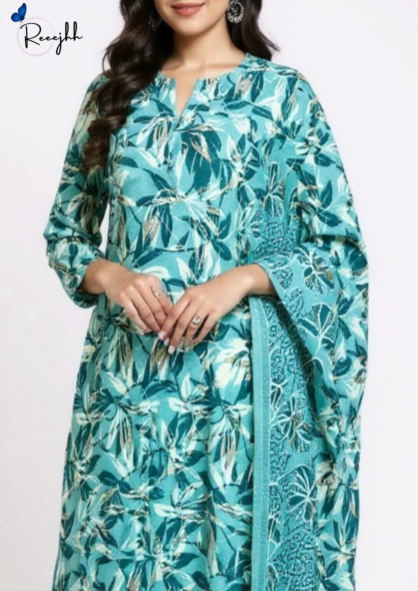 Blue Leafy Floral Cotton Suit with Printed Dupatta – Reeejhh