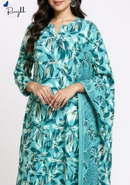 Blue Leafy Floral Cotton Suit with Printed Dupatta – Reeejhh