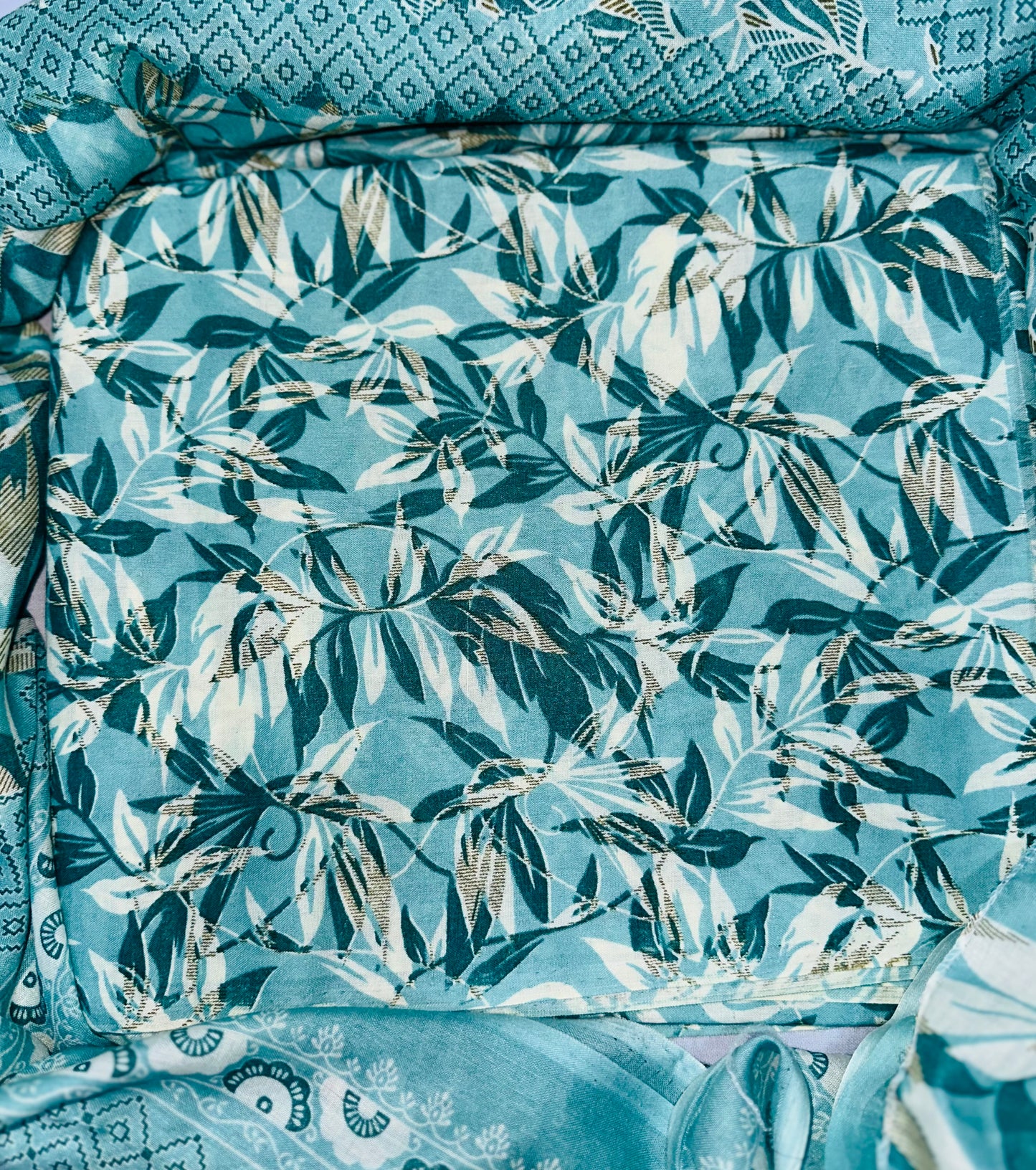 Blue Leafy Floral Cotton Suit with Printed Dupatta – Reeejhh