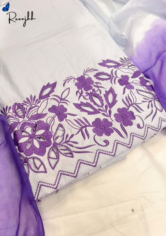 Elegant White & Purple Floral Embroidered Suit Fabric