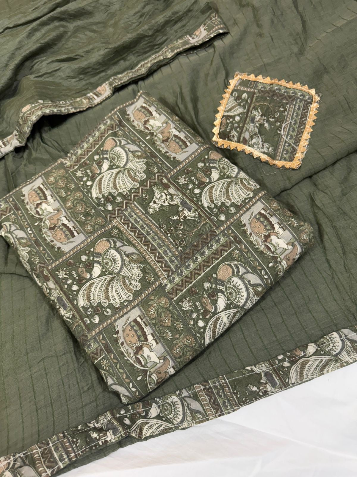 Elegant Dark Olive Green Ethnic Printed Suit with Traditional Motifs With dupatta