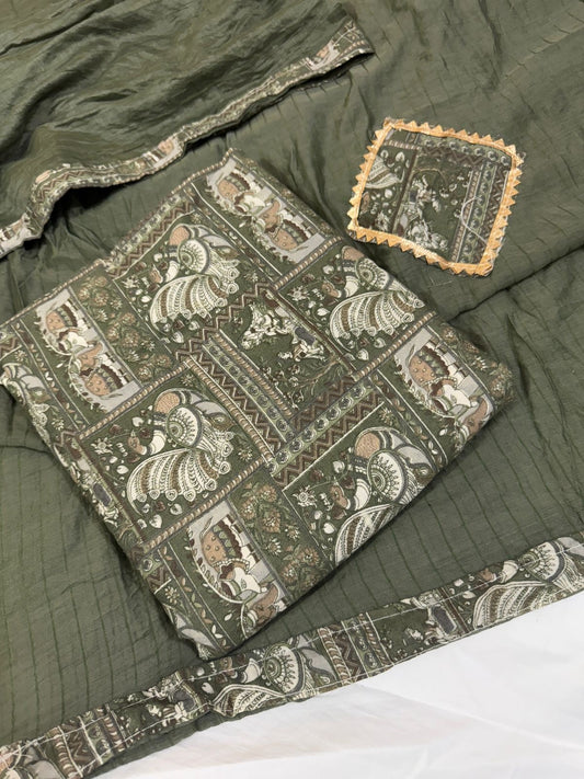 Elegant Dark Olive Green Ethnic Printed Suit with Traditional Motifs With dupatta