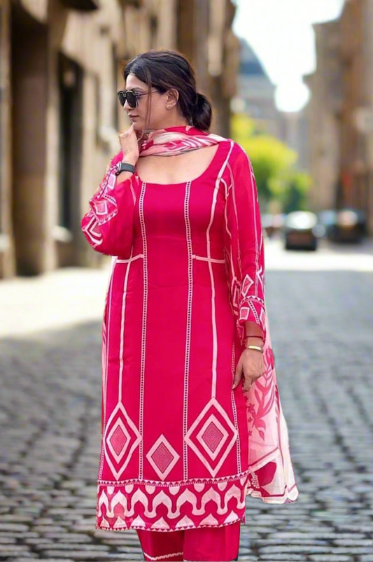 Hot Pink Geometric Print Punjabi Suit – Bold & Elegant Look