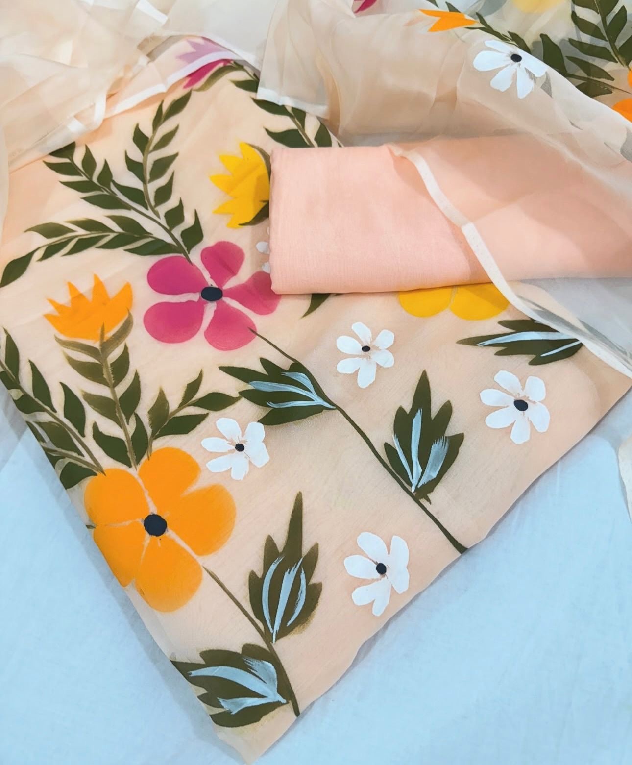 Peach Floral Printed Organza Punjabi Suit with Dupatta