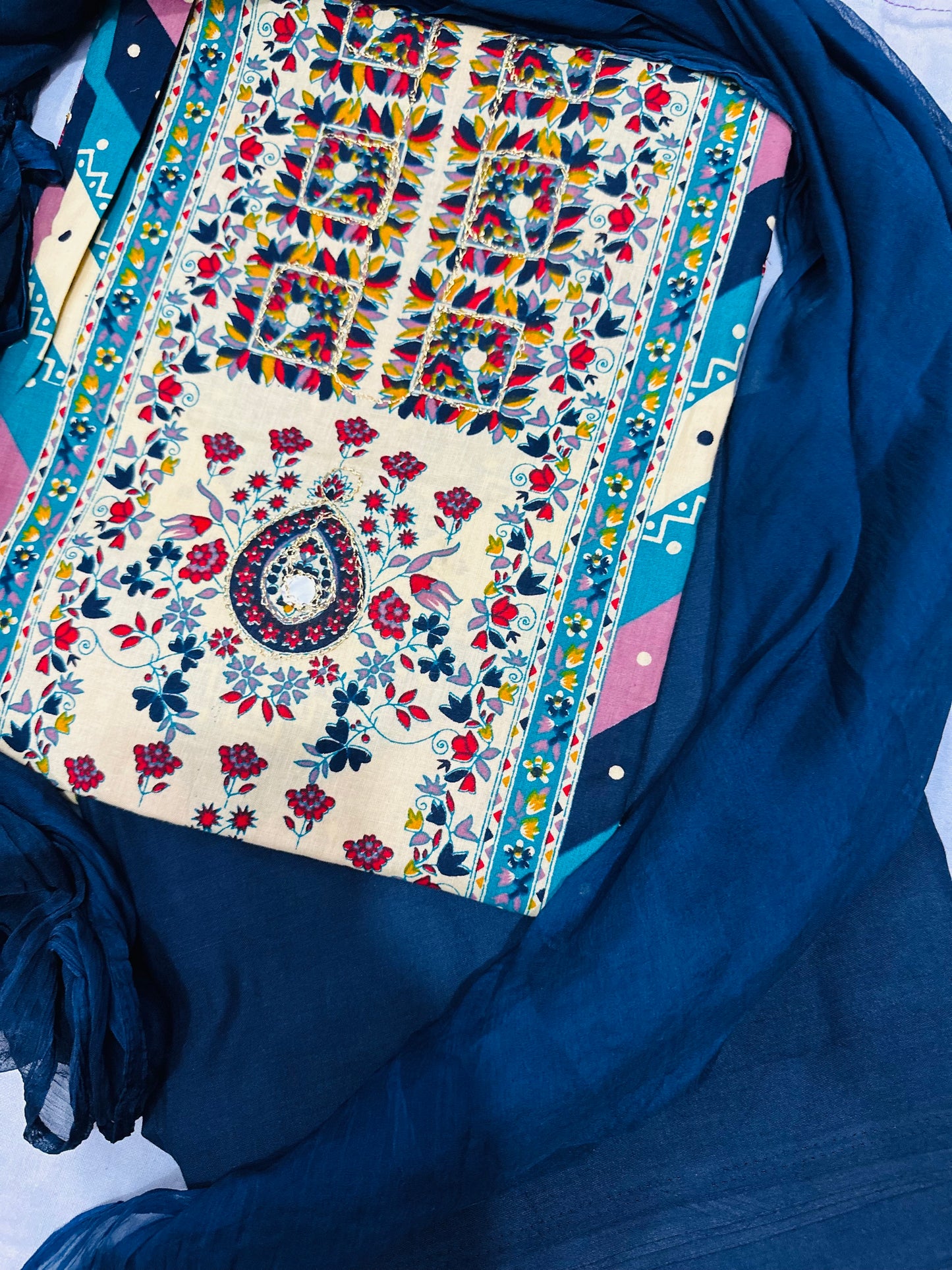 Teal Blue & Cream Printed Punjabi Salwar Suit with Floral & Geometric Design for Women – Reeejhh