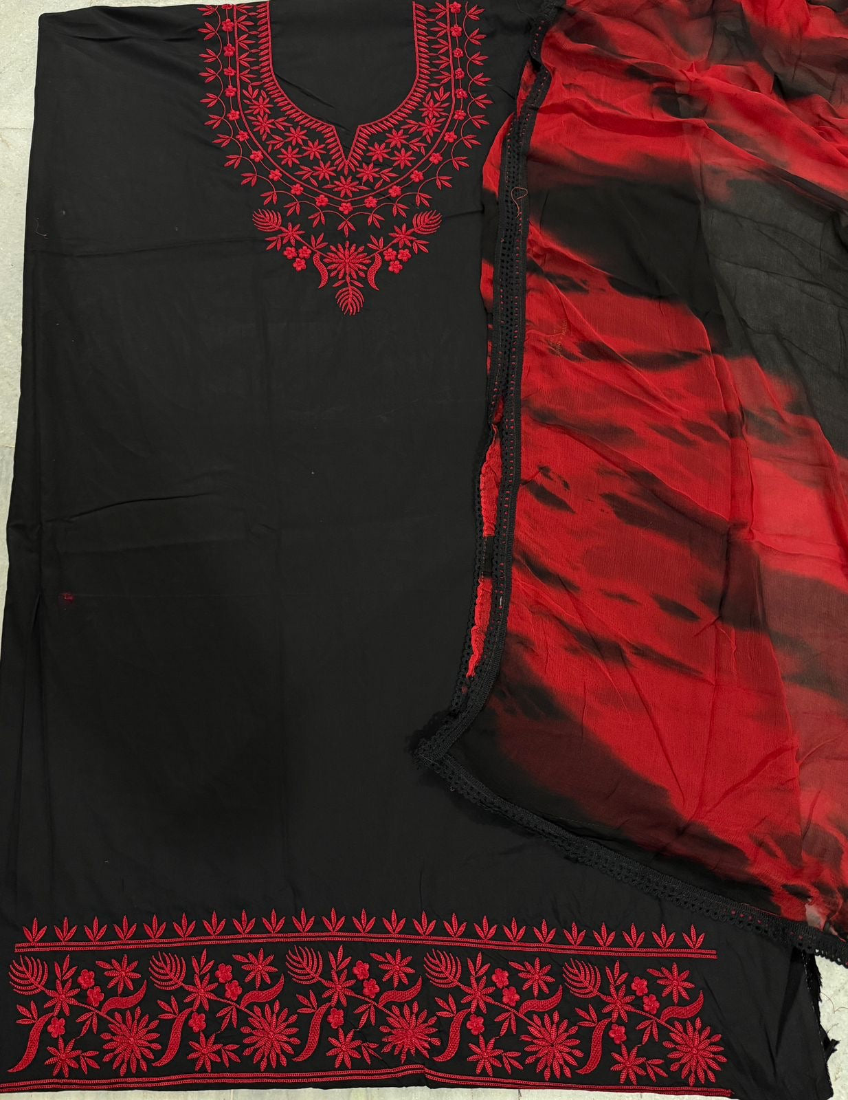 Classic Black Punjabi Suit with Red Thread Embroidery – Timeless Elegance