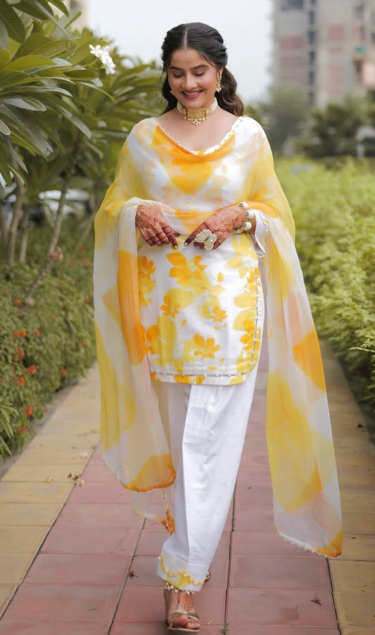 Graceful White & Yellow Floral Punjabi Suit with Dupatta for ladies - Reeejhh Suits✨