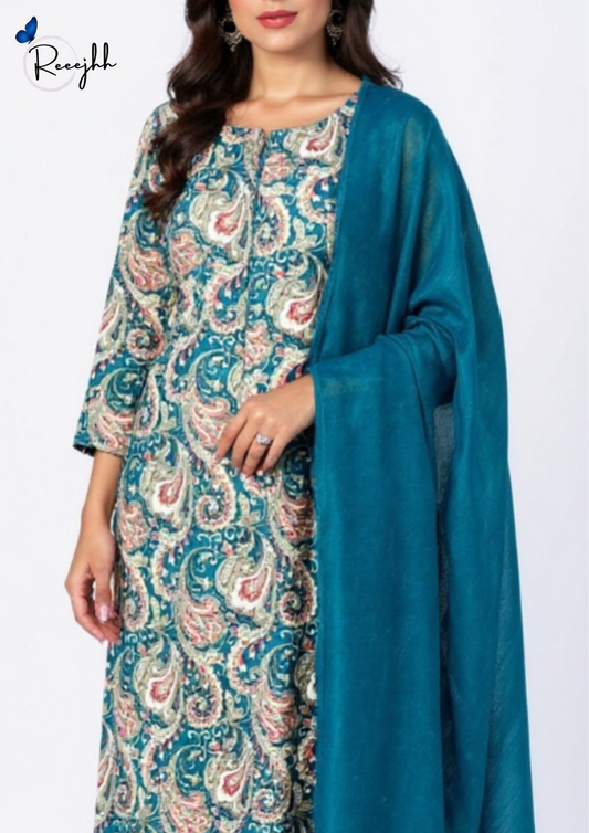 Teal Blue Paisley Printed All-over Cotton Salwar kameez Suit with Matching Dupatta – Reeejhh