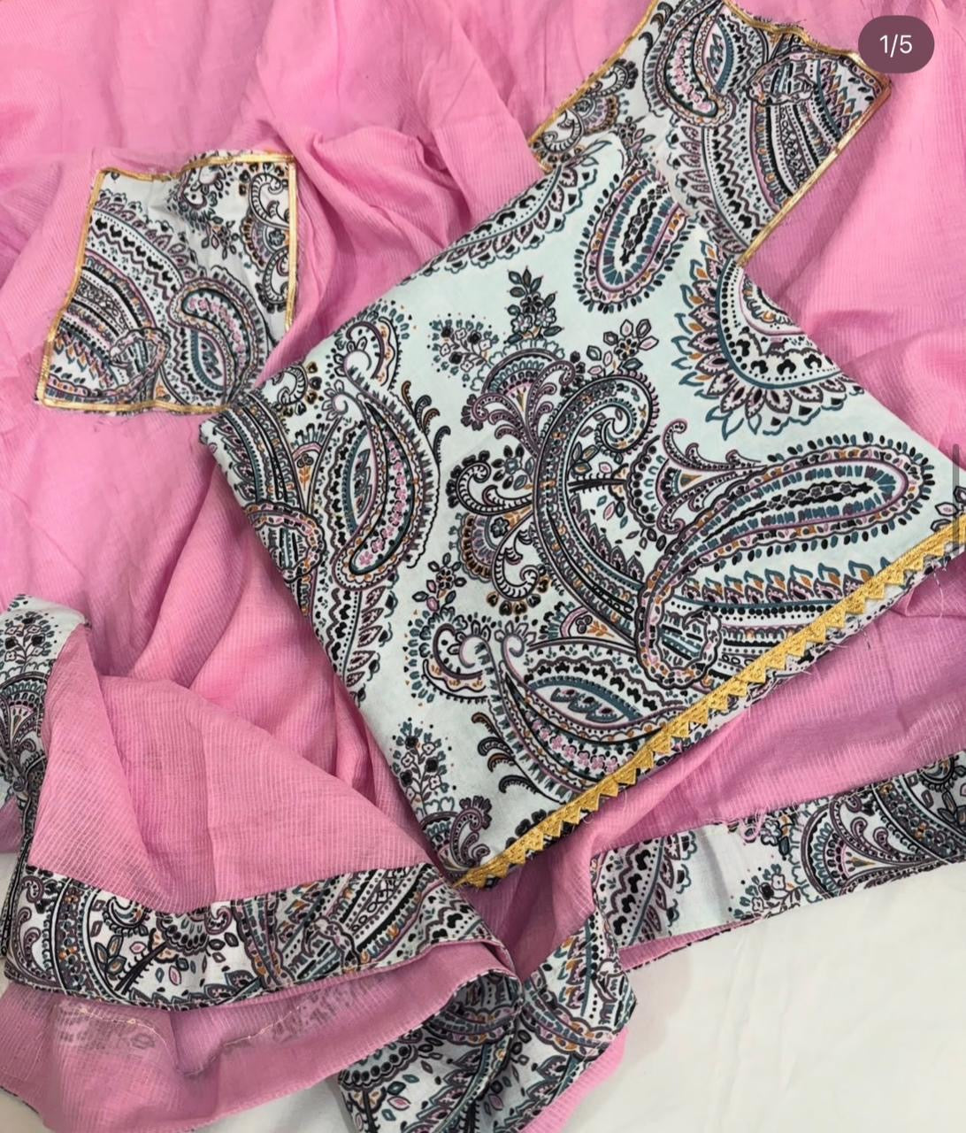 Elegant Pink & White Paisley Printed Punjabi Suit – Soft Cotton Fabric