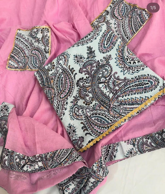 Elegant Pink & White Paisley Printed Punjabi Suit – Soft Cotton Fabric