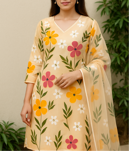Peach Floral Printed Organza Punjabi Suit with Dupatta