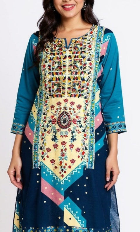 Teal Blue & Cream Printed Punjabi Salwar Suit with Floral & Geometric Design for Women – Reeejhh