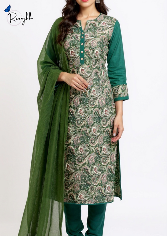 Mehendi Green Paisley Printed All-over Cotton Salwar kameez Suit with Matching Dupatta – Reeejhh