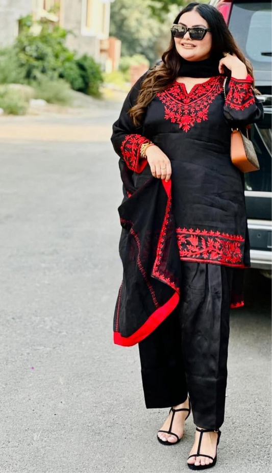Classic Black Punjabi Suit with Red Thread Embroidery – Timeless Elegance